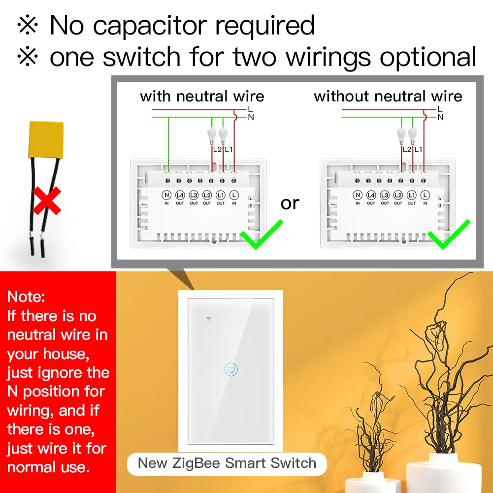 Interruptor inteligente Zigbee sin condensador, compatible con configuraciones de cable neutro y cable vivo único. Compatible con Alexa y Google Home para control remoto a través de la aplicación Tuya.
