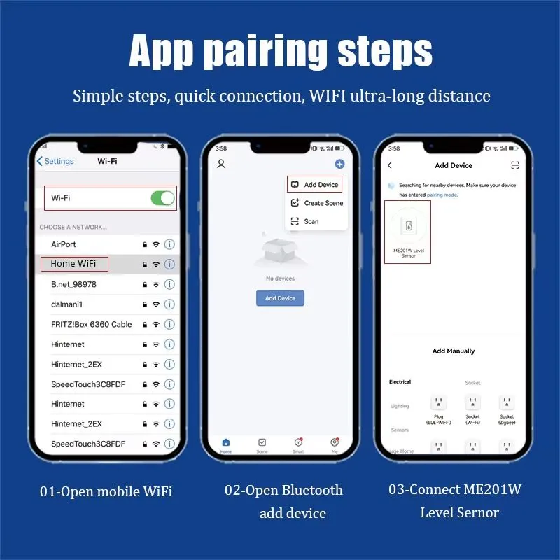 Tank level sensor app pairing steps: 1) Open mobile Wi-Fi, 2) Open Bluetooth and add device, 3) Connect ME201W Level Sensor.