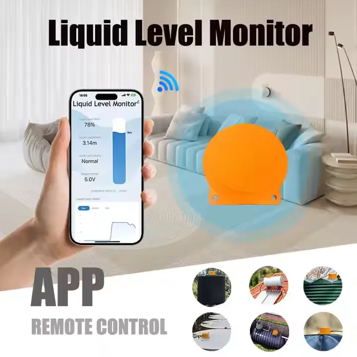 Ultrasonic liquid level monitor with mobile app remote control, showing real-time water level data on a smartphone app for various applications including tanks, pools, and water storage systems.