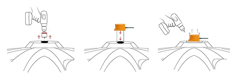 Installation steps for ultrasonic tank level sensor: 1) Drill holes in the tank lid, 2) Position the sensor, 3) Secure the sensor with screws.