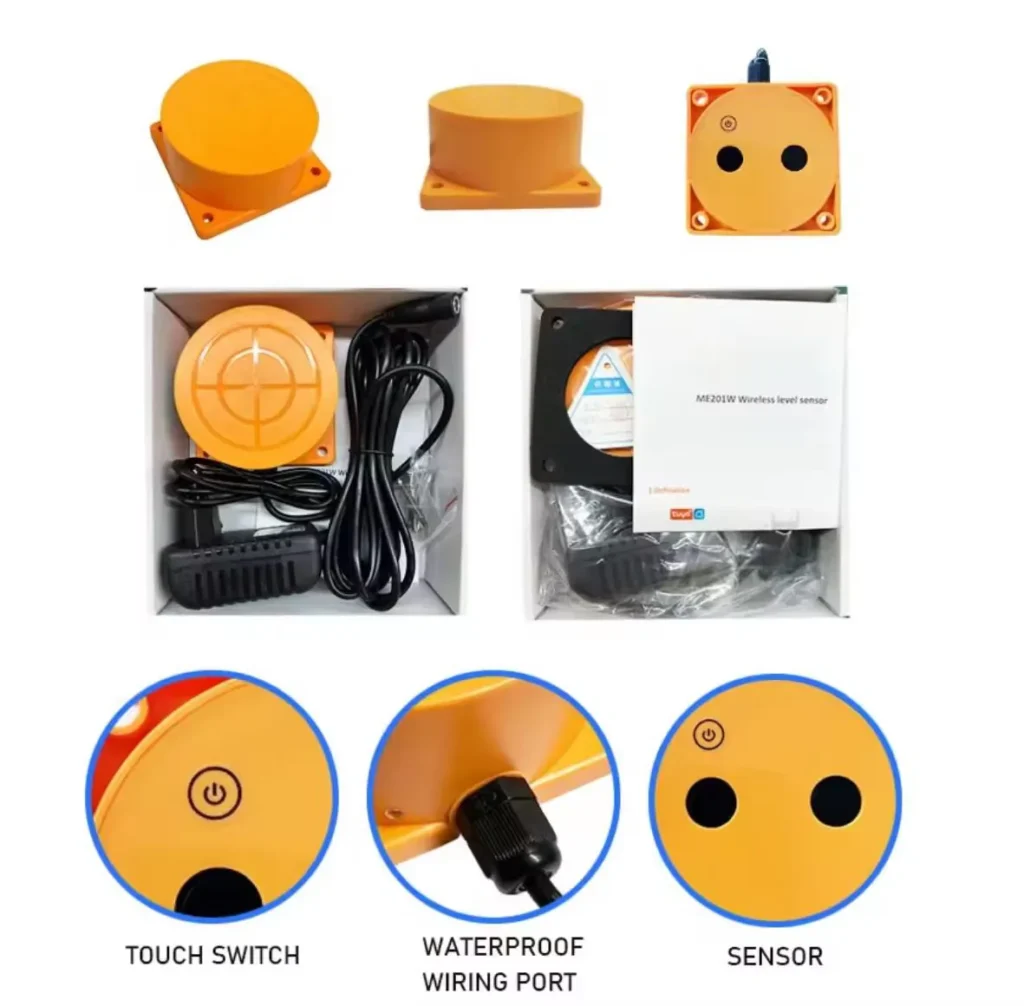 Package contents of the tank level sensor, including the sensor unit, power adapter, cables, and mounting hardware, with close-up views of the touch switch, waterproof wiring port, and sensor.
