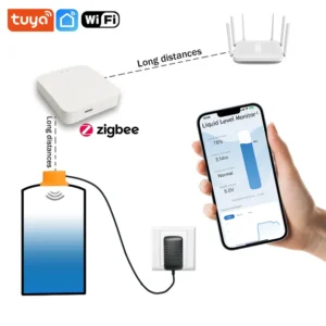 Sensor Zigbee de nivel del depósito de agua que requiere conexión a una pasarela Zigbee para acceder a Internet.