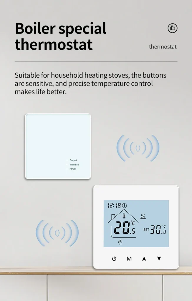 Gas boiler wireless thermostat with sensitive buttons and precise temperature control.
