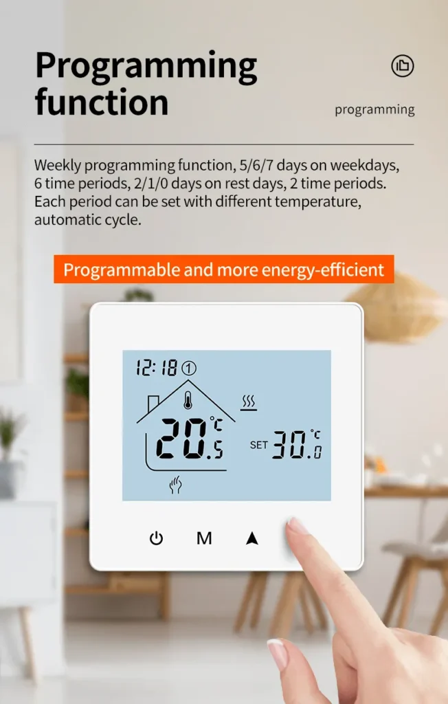 Gas boiler wireless thermostat with weekly programming function for weekdays and rest days, allowing different temperatures for each period with automatic cycle.