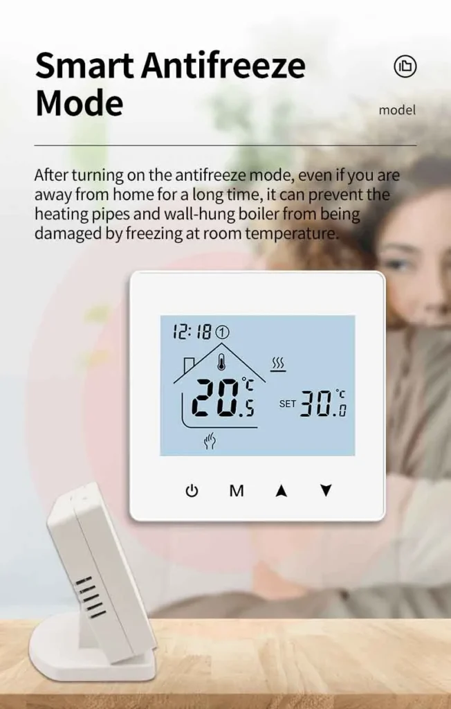 Gas boiler wireless thermostat with smart antifreeze mode to prevent freezing.