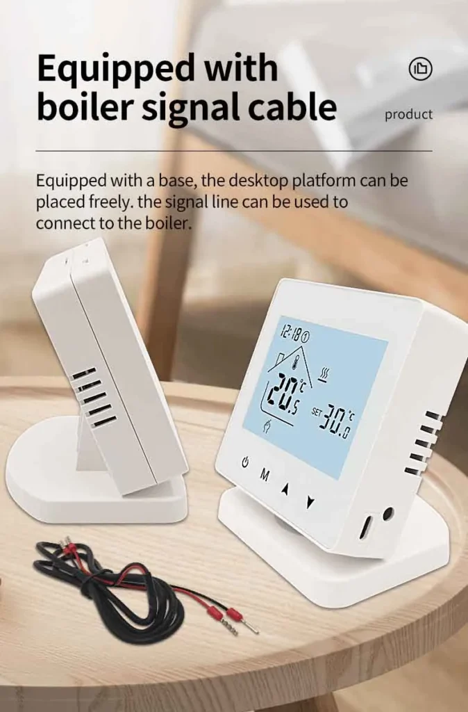 Gas boiler wireless thermostat with a base and signal cable for easy placement and connection.